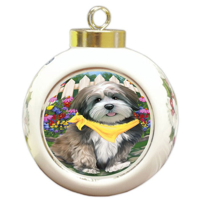 Spring Floral Lhasa Apso Dog Round Ball Christmas Ornament RBPOR49906