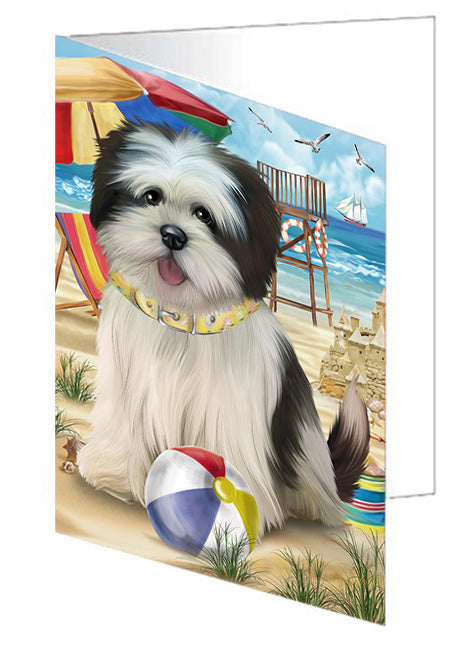 Pet Friendly Beach Lhasa Apso Dog Handmade Artwork Assorted Pets Greeting Cards and Note Cards with Envelopes for All Occasions and Holiday Seasons GCD54173
