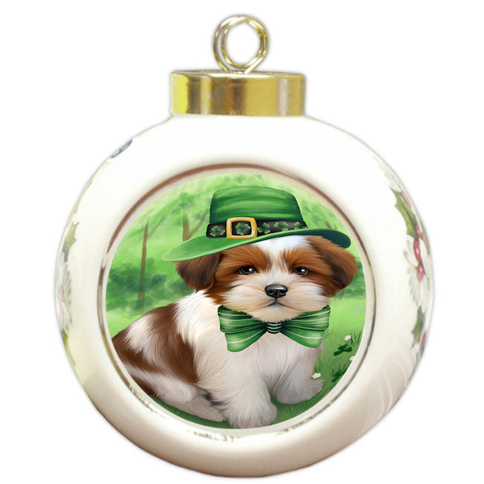 St. Patricks Day Irish Portrait Lhasa Apso Dog Round Ball Christmas Ornament RBPOR48830
