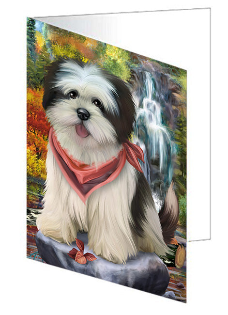 Scenic Waterfall Lhasa Apso Dog Handmade Artwork Assorted Pets Greeting Cards and Note Cards with Envelopes for All Occasions and Holiday Seasons GCD52373