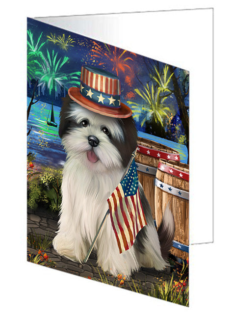 4th of July Independence Day Fireworks Lhasa Apso Dog at the Lake Handmade Artwork Assorted Pets Greeting Cards and Note Cards with Envelopes for All Occasions and Holiday Seasons GCD56966