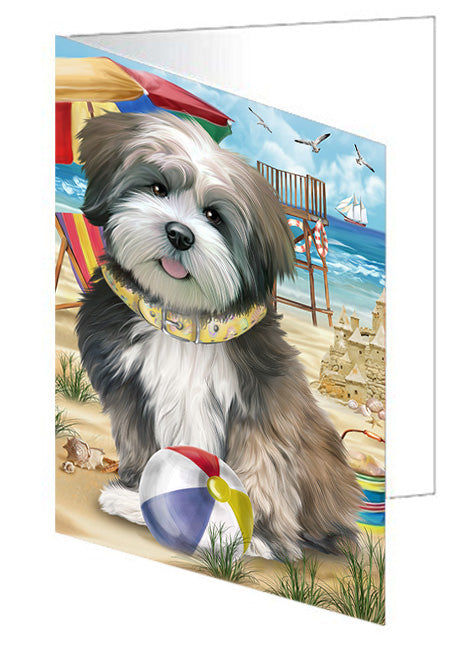 Pet Friendly Beach Lhasa Apso Dog Handmade Artwork Assorted Pets Greeting Cards and Note Cards with Envelopes for All Occasions and Holiday Seasons GCD54176