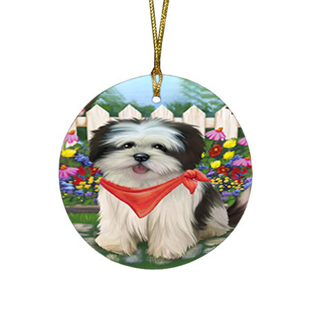 Spring Floral Lhasa Apso Dog Round Flat Christmas Ornament RFPOR49898