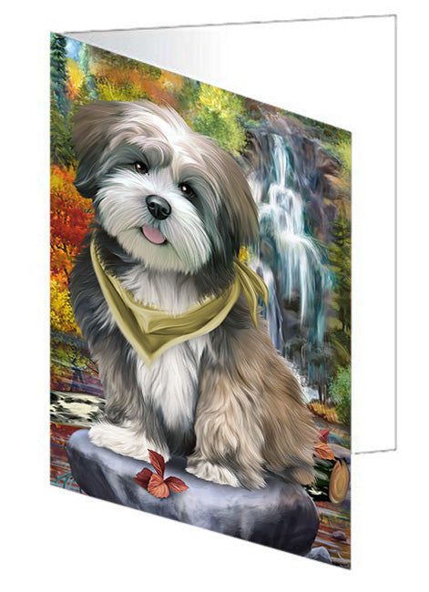 Scenic Waterfall Lhasa Apso Dog Handmade Artwork Assorted Pets Greeting Cards and Note Cards with Envelopes for All Occasions and Holiday Seasons GCD52376
