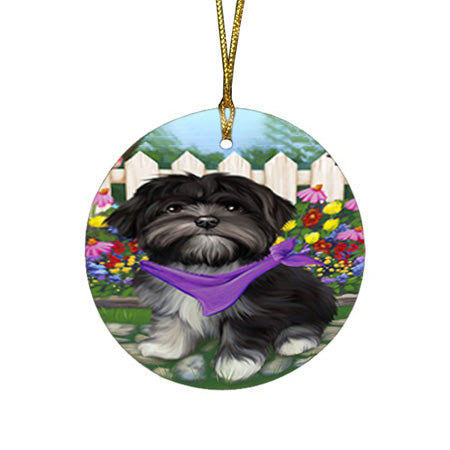 Spring Floral Lhasa Apso Dog Round Flat Christmas Ornament RFPOR49899