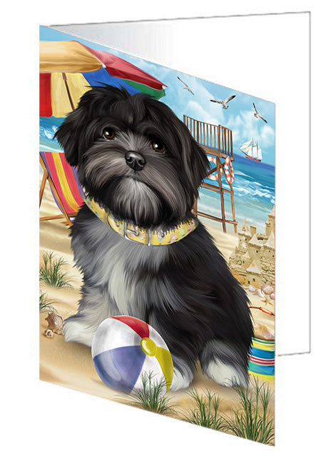 Pet Friendly Beach Lhasa Apso Dog Handmade Artwork Assorted Pets Greeting Cards and Note Cards with Envelopes for All Occasions and Holiday Seasons GCD54179