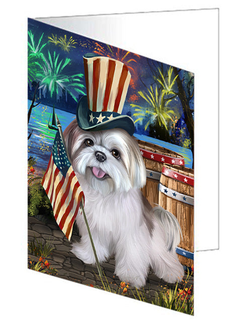 4th of July Independence Day Fireworks Lhasa Apso Dog at the Lake Handmade Artwork Assorted Pets Greeting Cards and Note Cards with Envelopes for All Occasions and Holiday Seasons GCD56972