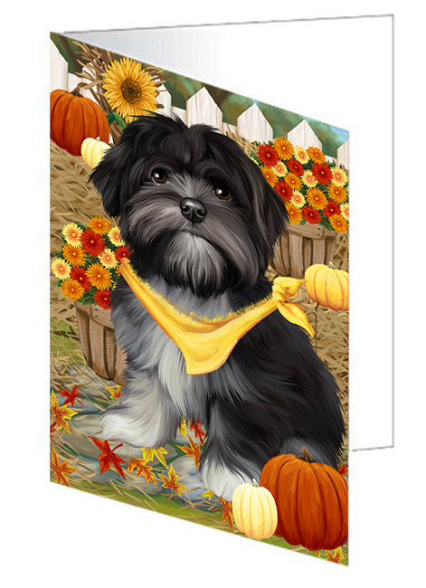 Fall Autumn Greeting Lhasa Apso Dog with Pumpkins Handmade Artwork Assorted Pets Greeting Cards and Note Cards with Envelopes for All Occasions and Holiday Seasons GCD56360