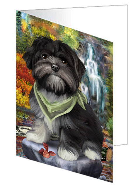 Scenic Waterfall Lhasa Apso Dog Handmade Artwork Assorted Pets Greeting Cards and Note Cards with Envelopes for All Occasions and Holiday Seasons GCD52379