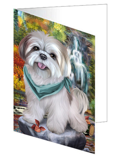Scenic Waterfall Lhasa Apso Dog Handmade Artwork Assorted Pets Greeting Cards and Note Cards with Envelopes for All Occasions and Holiday Seasons GCD52382