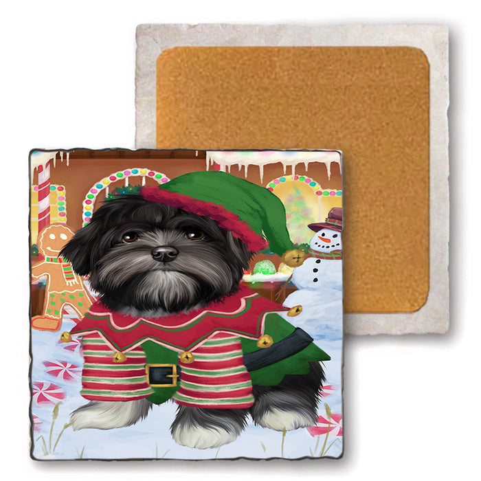 Christmas Gingerbread House Candyfest Lhasa Apso Dog Set of 4 Natural Stone Marble Tile Coasters MCST51378