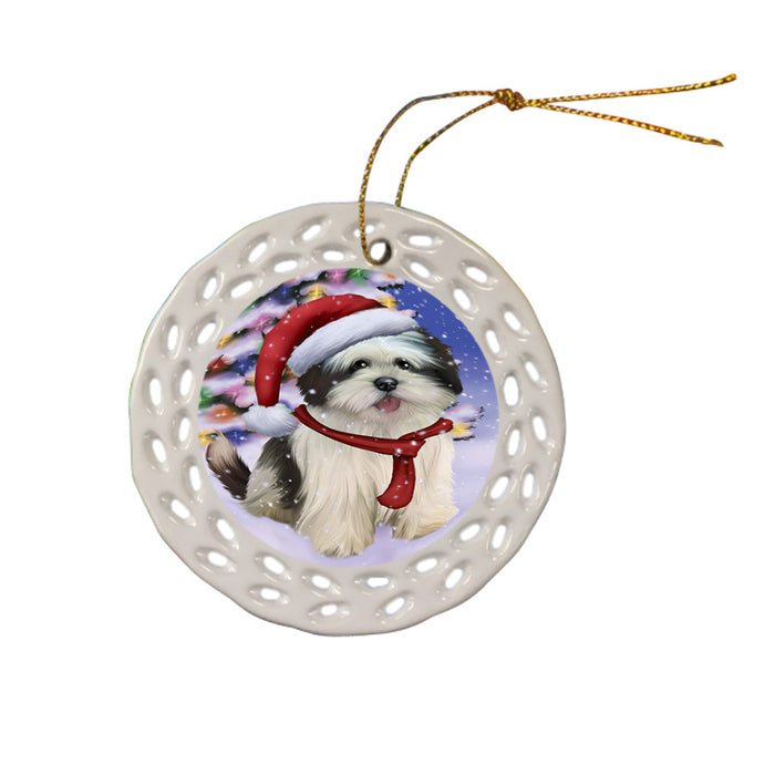Winterland Wonderland Lhasa Apso Dog In Christmas Holiday Scenic Background  Ceramic Doily Ornament DPOR53400