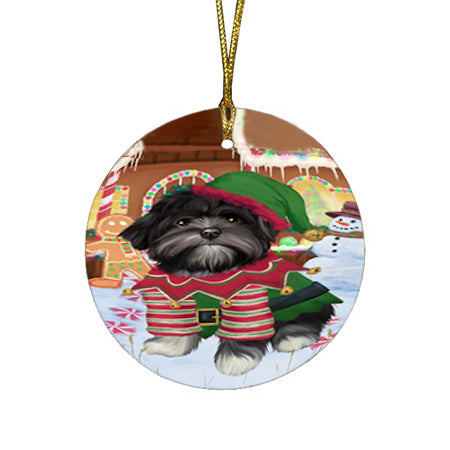 Christmas Gingerbread House Candyfest Lhasa Apso Dog Round Flat Christmas Ornament RFPOR56734