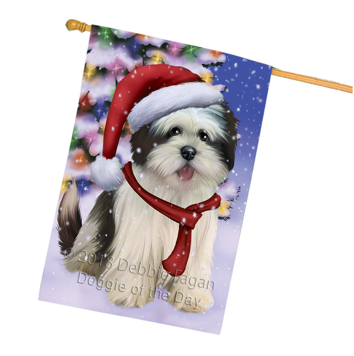 Winterland Wonderland Lhasa Apso Dog In Christmas Holiday Scenic Background  House Flag FLG53598