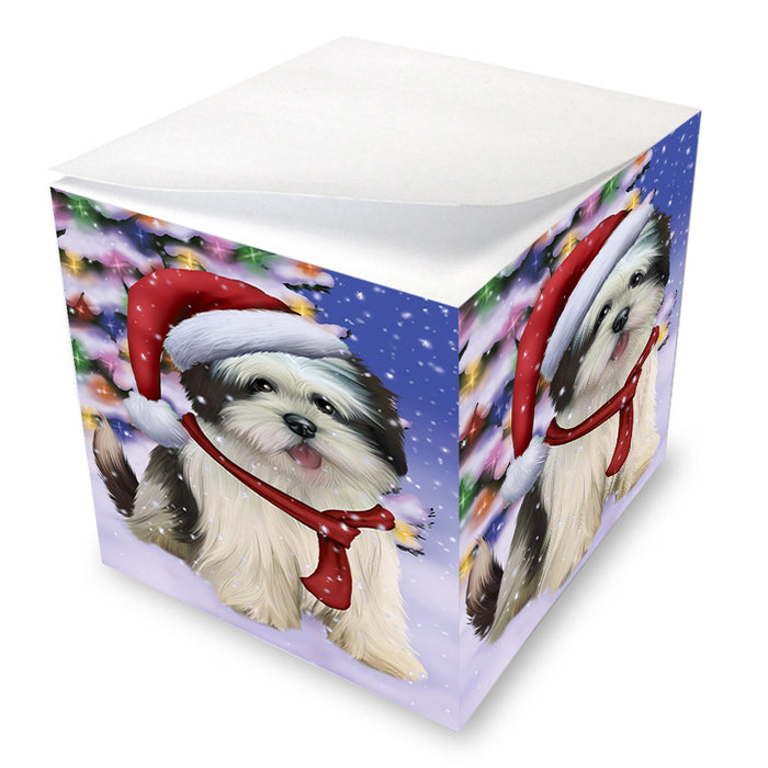 Winterland Wonderland Lhasa Apso Dog In Christmas Holiday Scenic Background Note Cube NOC53400