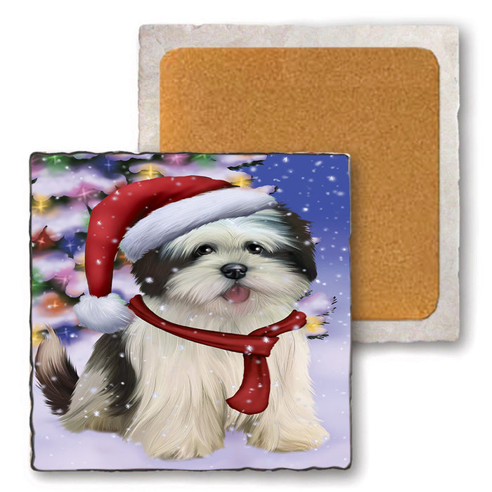 Winterland Wonderland Lhasa Apso Dog In Christmas Holiday Scenic Background  Set of 4 Natural Stone Marble Tile Coasters MCST48400