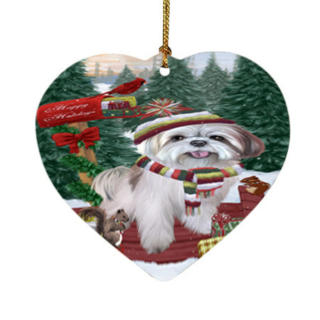 Merry Christmas Woodland Sled Lhasa Apso Dog Heart Christmas Ornament HPOR55319