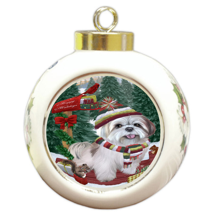 Merry Christmas Woodland Sled Lhasa Apso Dog Round Ball Christmas Ornament RBPOR55319