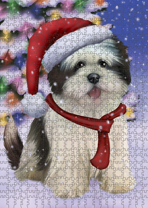 Winterland Wonderland Lhasa Apso Dog In Christmas Holiday Scenic Background Puzzle with Photo Tin PUZL80756