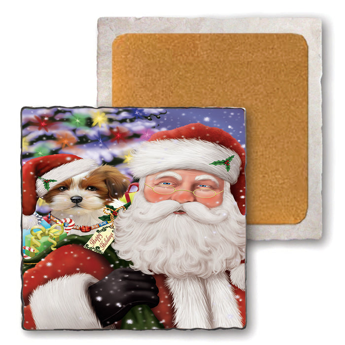 Santa Carrying Lhasa Apso Dog and Christmas Presents Set of 4 Natural Stone Marble Tile Coasters MCST48997