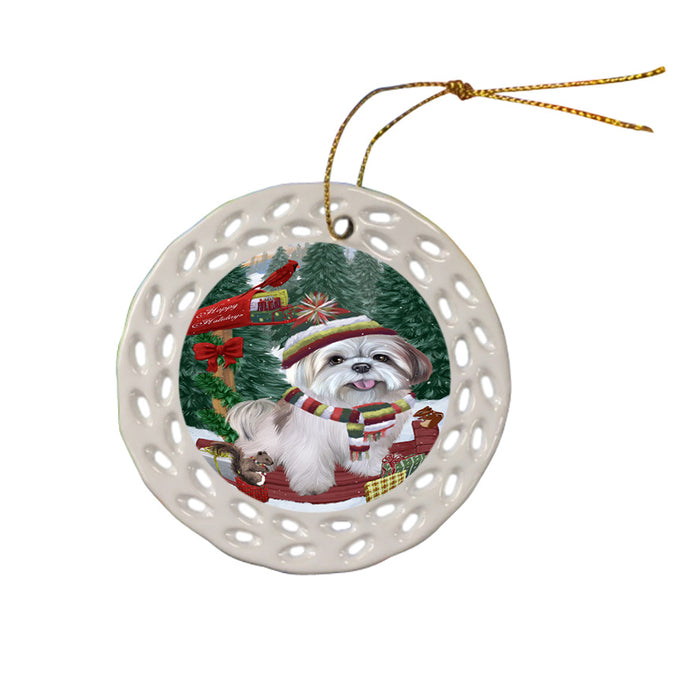 Merry Christmas Woodland Sled Lhasa Apso Dog Ceramic Doily Ornament DPOR55319