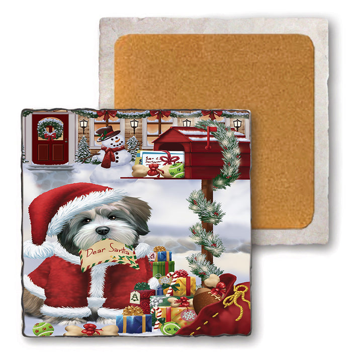 Lhasa Apso Dog Dear Santa Letter Christmas Holiday Mailbox Set of 4 Natural Stone Marble Tile Coasters MCST48908