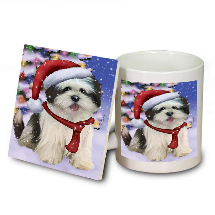Winterland Wonderland Lhasa Apso Dog In Christmas Holiday Scenic Background  Mug and Coaster Set MUC53392