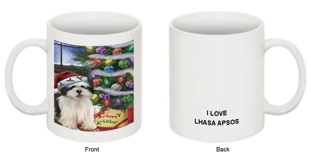 Christmas Happy Holidays Lhasa Apso Dog with Tree and Presents Coffee Mug MUG49237