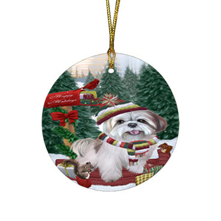 Merry Christmas Woodland Sled Lhasa Apso Dog Round Flat Christmas Ornament RFPOR55319