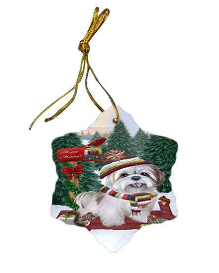 Merry Christmas Woodland Sled Lhasa Apso Dog Star Porcelain Ornament SPOR55319