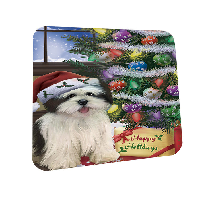 Christmas Happy Holidays Lhasa Apso Dog with Tree and Presents Coasters Set of 4 CST53797