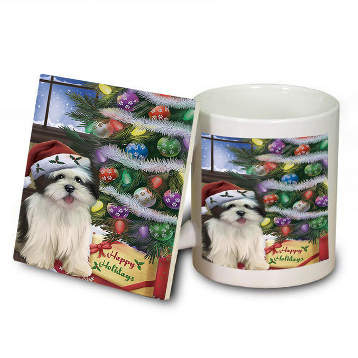 Christmas Happy Holidays Lhasa Apso Dog with Tree and Presents Mug and Coaster Set MUC53831