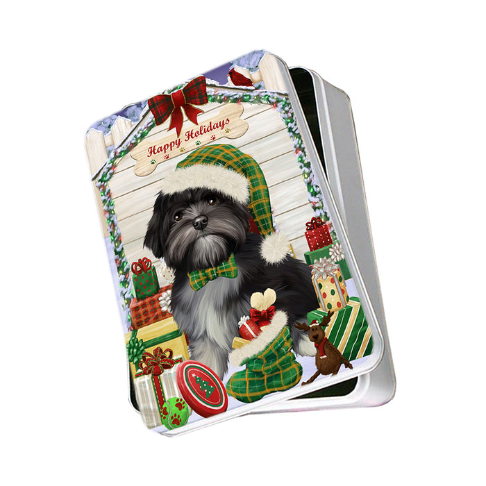 Happy Holidays Christmas Lhasa Apso Dog House with Presents Photo Storage Tin PITN51440