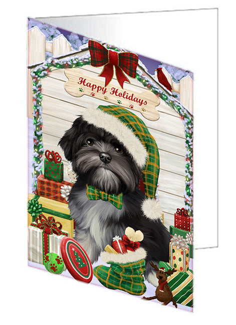 Happy Holidays Christmas Lhasa Apso Dog House with Presents Handmade Artwork Assorted Pets Greeting Cards and Note Cards with Envelopes for All Occasions and Holiday Seasons GCD58349