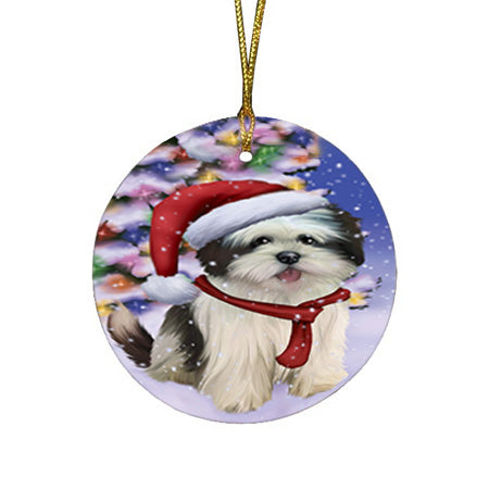 Winterland Wonderland Lhasa Apso Dog In Christmas Holiday Scenic Background  Round Flat Christmas Ornament RFPOR53391