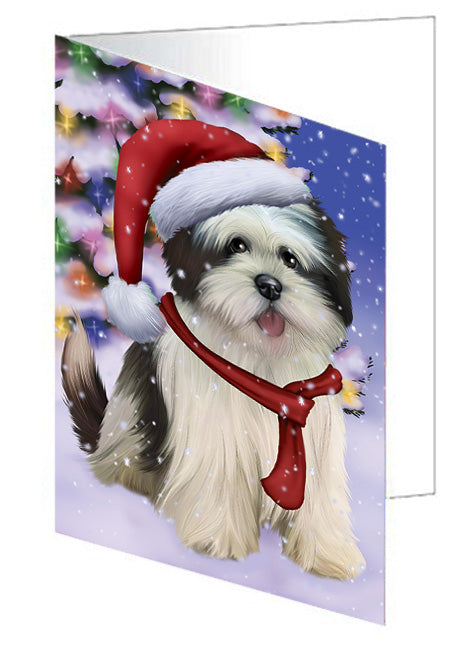 Winterland Wonderland Lhasa Apso Dog In Christmas Holiday Scenic Background  Handmade Artwork Assorted Pets Greeting Cards and Note Cards with Envelopes for All Occasions and Holiday Seasons GCD64229