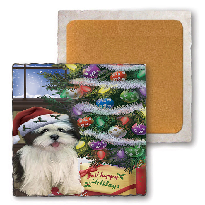 Christmas Happy Holidays Lhasa Apso Dog with Tree and Presents Set of 4 Natural Stone Marble Tile Coasters MCST48839