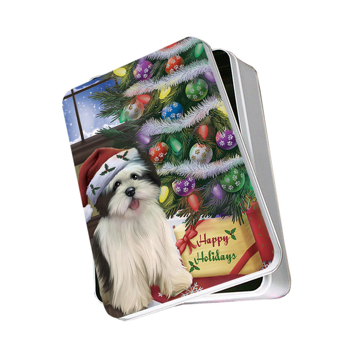 Christmas Happy Holidays Lhasa Apso Dog with Tree and Presents Photo Storage Tin PITN53782