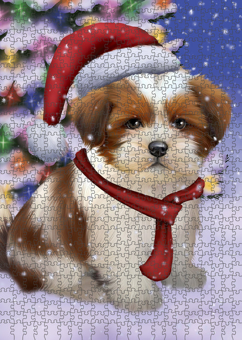 Winterland Wonderland Lhasa Apso Dog In Christmas Holiday Scenic Background Puzzle with Photo Tin PUZL80760