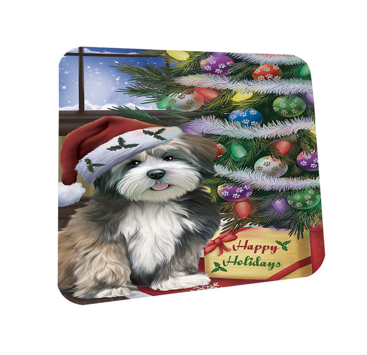 Christmas Happy Holidays Lhasa Apso Dog with Tree and Presents Coasters Set of 4 CST53798