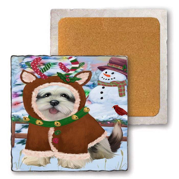 Christmas Gingerbread House Candyfest Lhasa Apso Dog Set of 4 Natural Stone Marble Tile Coasters MCST51379