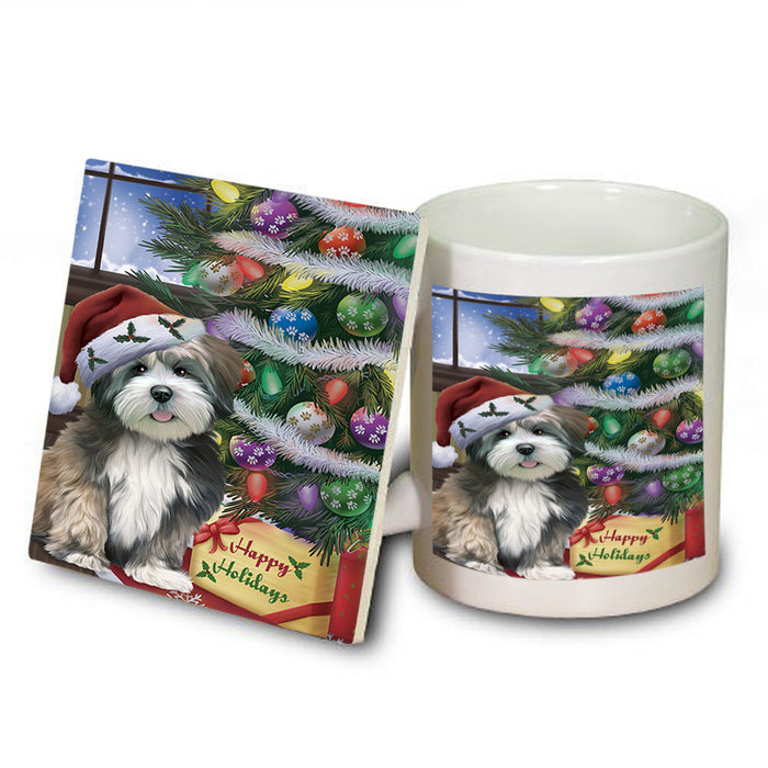 Christmas Happy Holidays Lhasa Apso Dog with Tree and Presents Mug and Coaster Set MUC53832