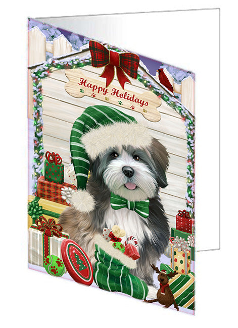Happy Holidays Christmas Lhasa Apso Dog House with Presents Handmade Artwork Assorted Pets Greeting Cards and Note Cards with Envelopes for All Occasions and Holiday Seasons GCD58352
