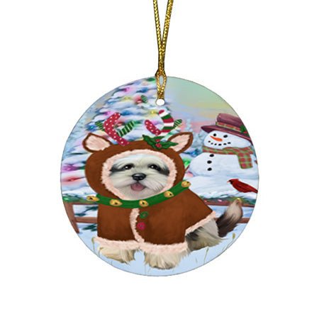 Christmas Gingerbread House Candyfest Lhasa Apso Dog Round Flat Christmas Ornament RFPOR56735