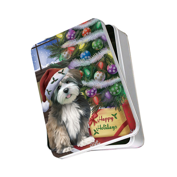 Christmas Happy Holidays Lhasa Apso Dog with Tree and Presents Photo Storage Tin PITN53783
