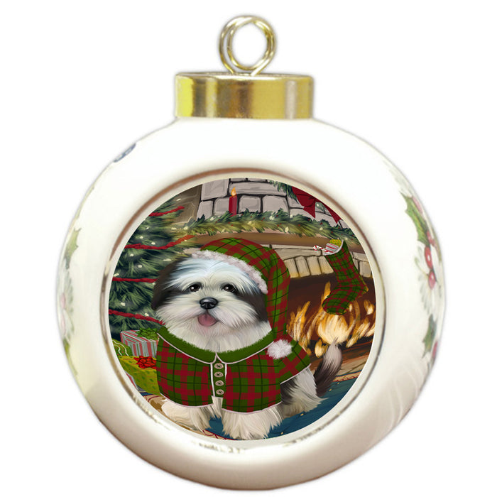 The Stocking was Hung Lhasa Apso Dog Round Ball Christmas Ornament RBPOR55709
