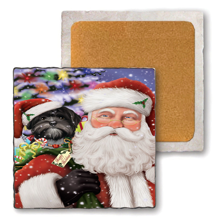 Santa Carrying Lhasa Apso Dog and Christmas Presents Set of 4 Natural Stone Marble Tile Coasters MCST48998