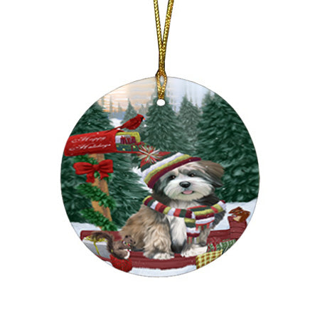 Merry Christmas Woodland Sled Lhasa Apso Dog Round Flat Christmas Ornament RFPOR55320