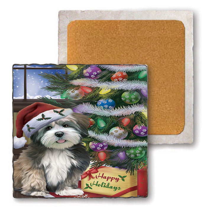 Christmas Happy Holidays Lhasa Apso Dog with Tree and Presents Set of 4 Natural Stone Marble Tile Coasters MCST48840