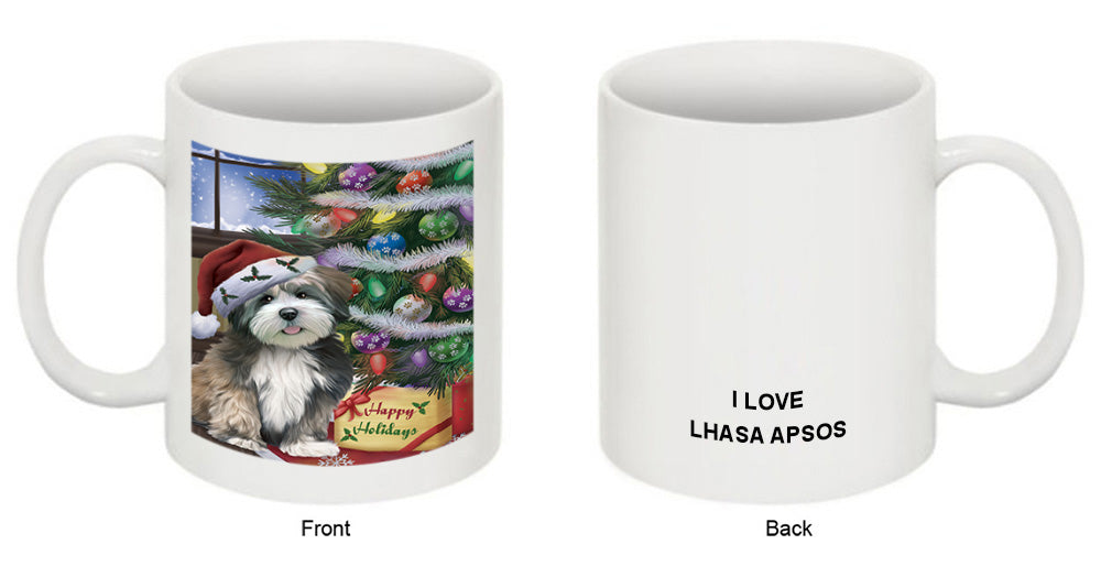 Christmas Happy Holidays Lhasa Apso Dog with Tree and Presents Coffee Mug MUG49238